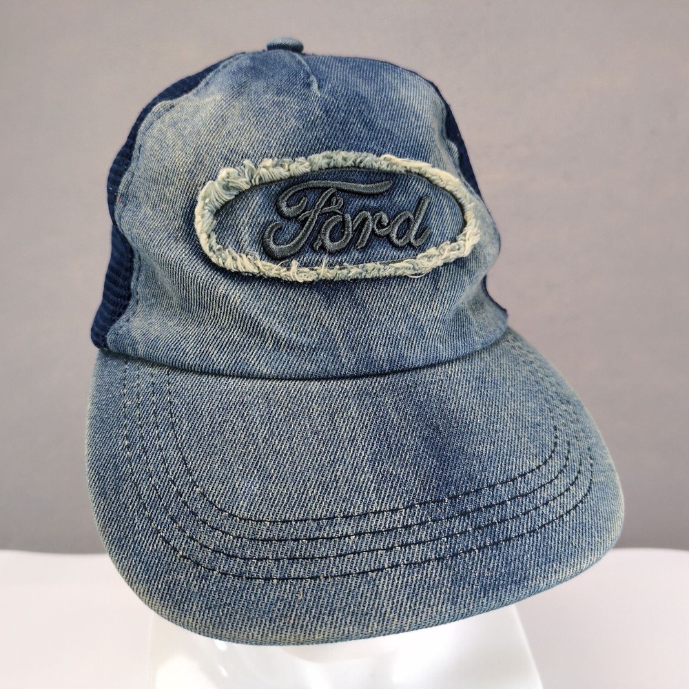 Ford Forever 21 Trucker Hat Men OSFM Blue Denim Mesh Snapback Distressed Hat